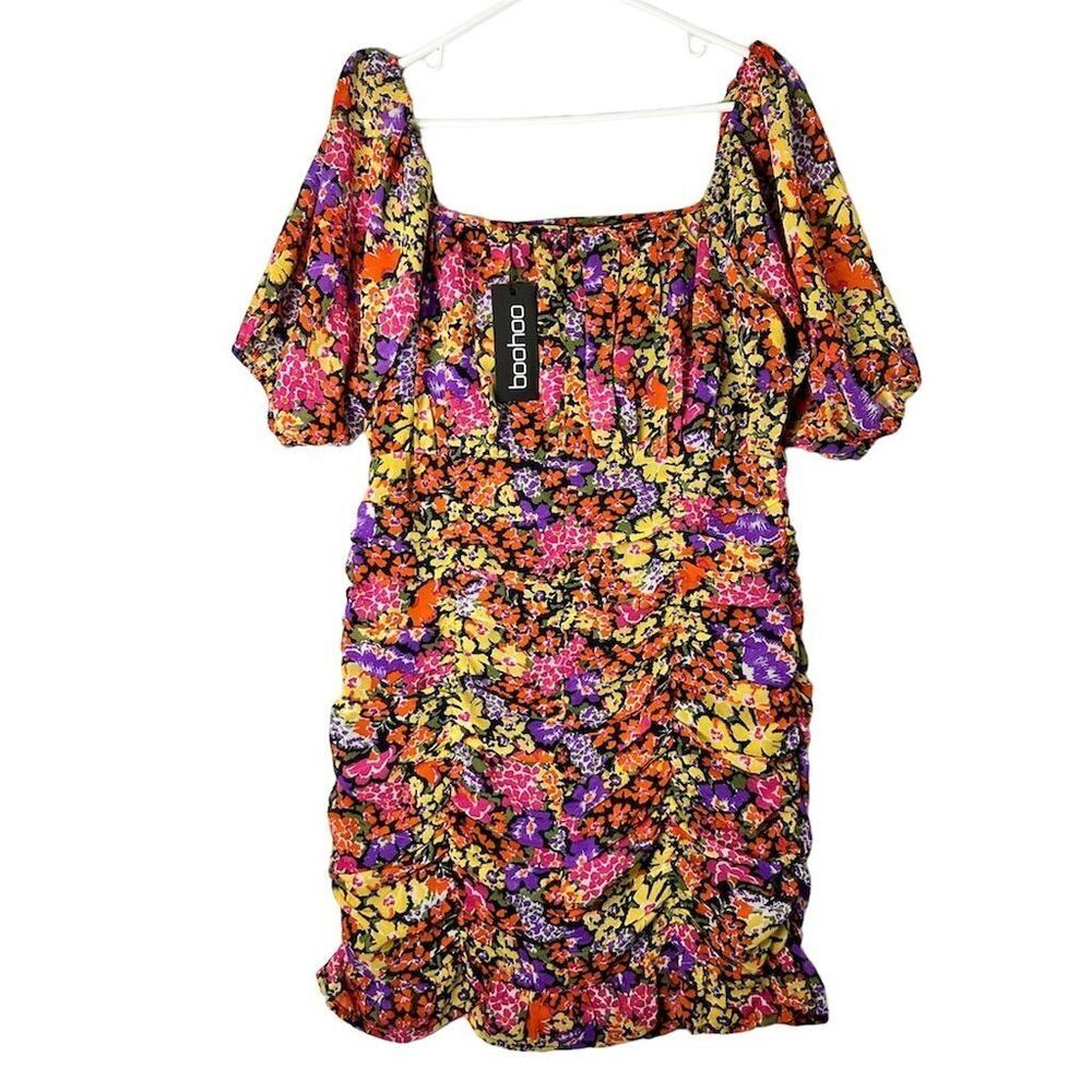 Boohoo Floral Print Ruched Square Neck‎ Mini Dress Multicolor Size M New NWT